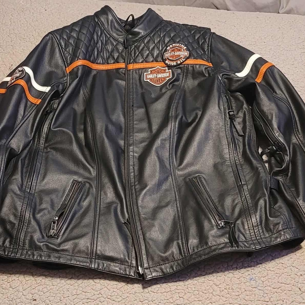 Harley-Davidson Black and Orange Leather Bomber Jacket